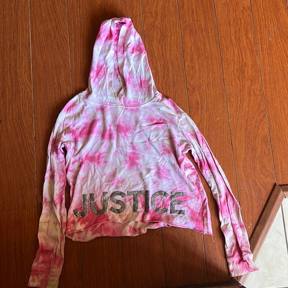 JUSTICE Active Hoodie Sweatshirt Girls 12/14 Pink Tie Dye Glitter Logo
